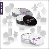 Clic clac blikje met eigen logo bedrukt in wit, zilver of zwart als promotionele giveaway