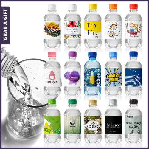 Grab a Gift - Etiketten waterflesjes 330 ml met schroefdop bedrukken met logo