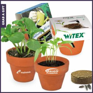 Grab a Gift mini logo-pot - Terra cotta bloempotje met logo en bedrukte banderol