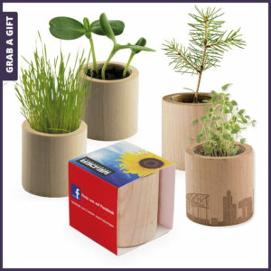 Grab a Gift Plant-Wood - Rond bloempotje met zaadjes van hout bedrukken met logo