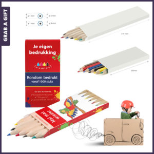Grab a Gift - set van 6 kleurpotloodjes in rondom bedrukt doosje met logo