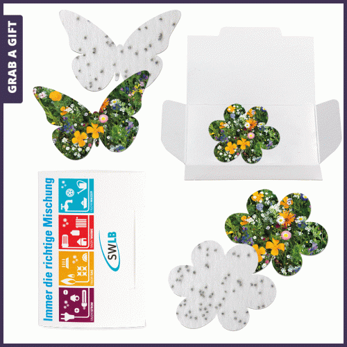 Grab a Gift - Zaadpapier bloem bij vlinder in bedrukt mapje met logo opdruk