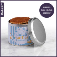 Blik met 8 roomboter stroopwafels en full colour bedrukte wikkel