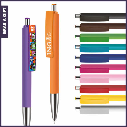 Grab a Gift - Logopennen e-Fifty XL soft met rondom bedrukking en logo bedrukken op clip