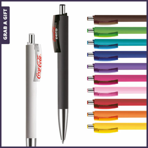 Grab a Gift - Logopennen e-Fifty soft met patroonbedrukking en logo bedrukken op clip