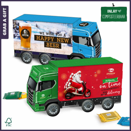 Adventskalender in de vorm van een vrachtwagen in kleur bedrukken