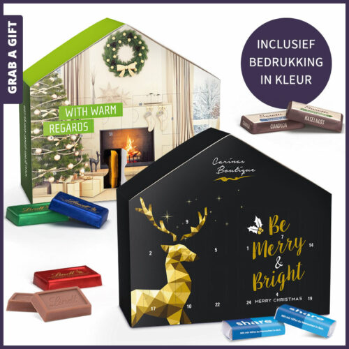 Adventskalender huis met log opdruk of volledige bedrukking in kleur