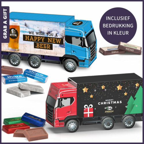 Adventskalender truck met log opdruk of volledige bedrukking in kleur