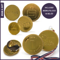 Gouden chocolademunten met logo in reliëf als promotionele give-away