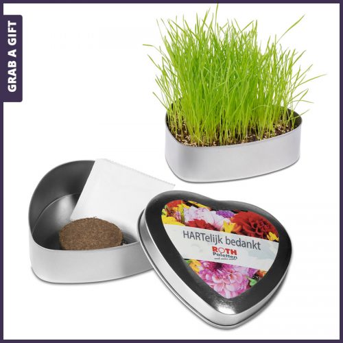 Grab a Gift - Hartvormig metalen blikje met bloemzaadjes bedrukken