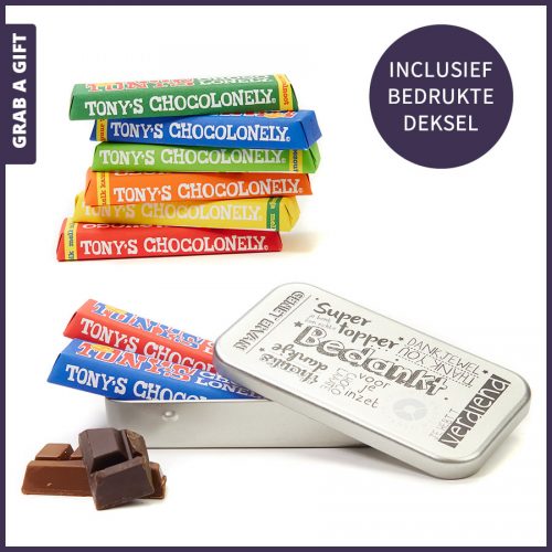Grab a Gift - 2 Mini Tony's Chocolonely in bedrukt blikje als relatiegeschenk