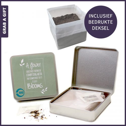 Grab a Gift Relatiegeschenken - Kweeksetje met eetbare bloemen in bedrukt blikje