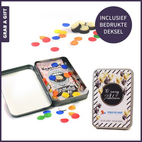 Grab a Gift - bedrukt geschenkblikje met hands off chocola en groeiconfetti