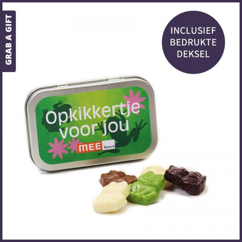 Grab a Gift - chocolade kikkertjes als opkikkertje in blikje met bedrukte deksel