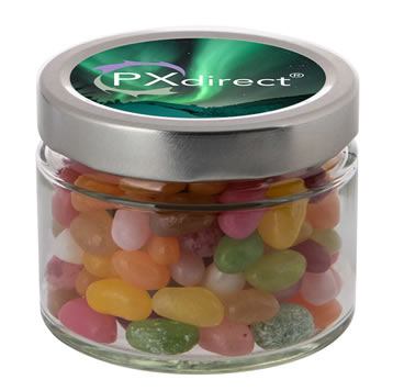 Glazen snoeppotje met bedrukt etiket en 220 ml jelly Beans