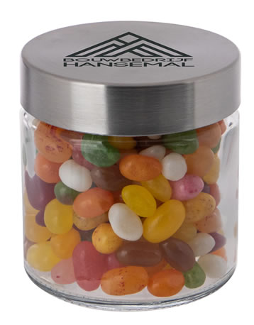 Glazen snoeppotje met bedrukte deksel, gevuld met 300 ml Jelly Beans