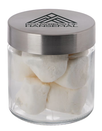 Glazen snoeppotje met bedrukte deksel, gevuld met 300 ml Marshmallows