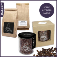 Versgebrande koffiebonen in zakje of glazen potje met logo opdruk