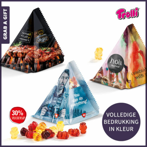 Grab a Gift relatiegeschenken - Bedrukt pyramidezakje Trolli gummyberen in vruchtensapkwaliteit