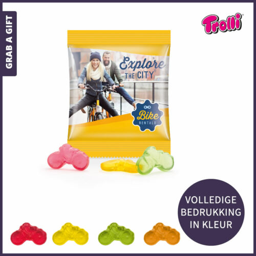 Grab a Gift relatiegeschenken - Fruitgum fietsjes in zakje met eigen ontwerp in kleur