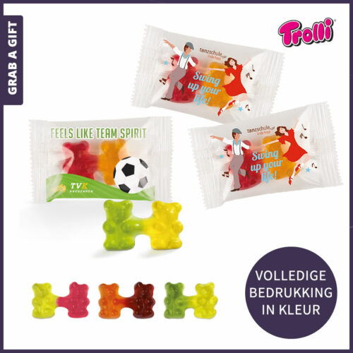 Grab a Gift relatiegeschenken - Team van gummibeertjes in flowpack bedrukt met logo of ander ontwerp