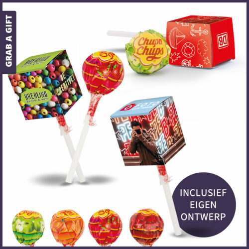 Grab a Gift Relatiegeschenken - Chupa Chups lolly in doosje met eigen bedrukking in kleur