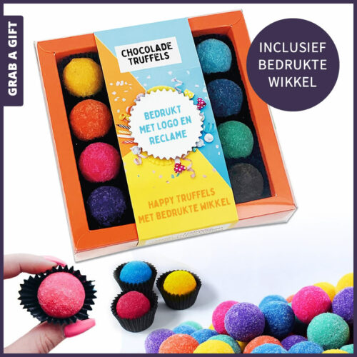 Grab a Gift Chocoladegeschenk - 16 Happy Truffels in doosje met Full Colour bedrukte wikkel