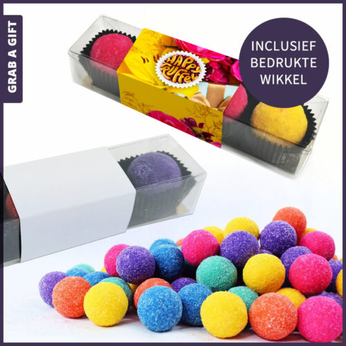 Grab a Gift Chocoladegeschenk - 4 chocoladetruffels in transparant doosje met wikkel in kleur bdrukt