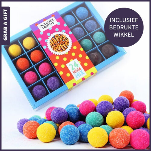 Grab a Gift Relatiegeschenken - 24 Happy Truffels met logo op wikkel als relatiegeschenk
