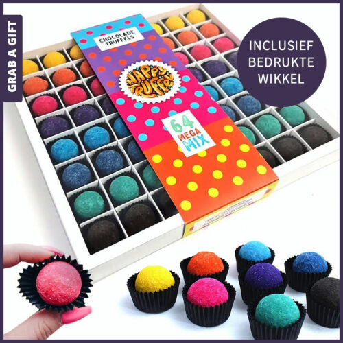 Grab a Gift Relatiegeschenken - 64 Happy Truffels met logo op wikkel als relatiegeschenk