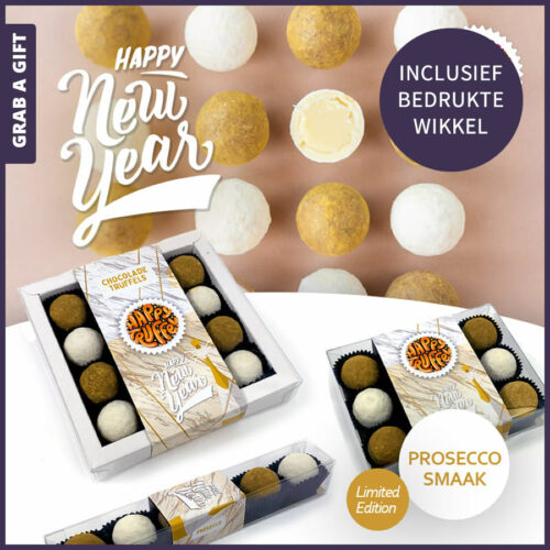 Grab a Gift Chocoladetruffels – Happy New Year special Prosecco met bedrukte sleeve