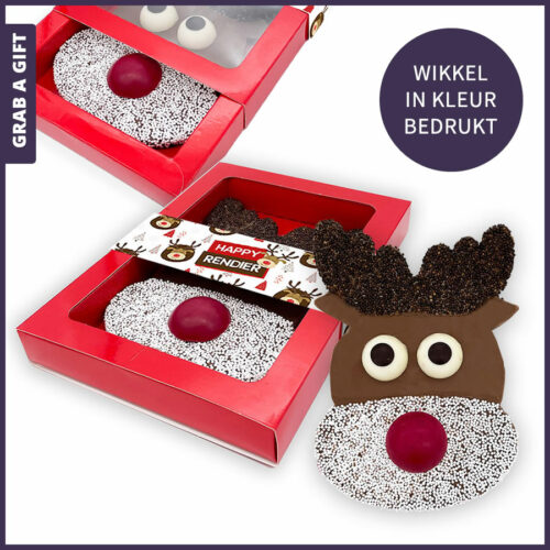 Kerstgeschenken - Happy chocolade Rendier met een in kleur bedrukte wikkel