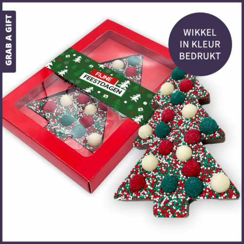 Chocolade Happy Kerstboom met logo op wikkel