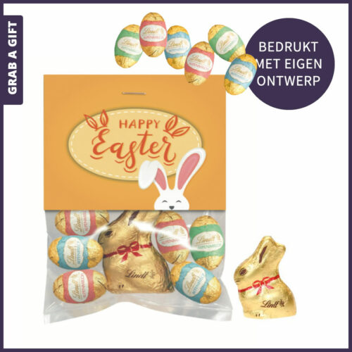 Lindt paashaasje en paaseitjes in zakje met bedrukt kopkaartje