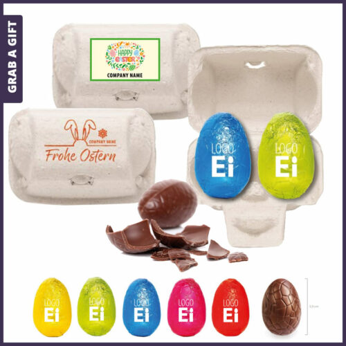 Paasgeschenken - Chocolade eieren met logo opdruk in dubbelpak eierdoos