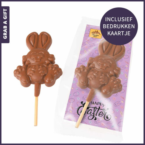 Paasgeschenken - Chocolade paaslolly in transparant zakje met bedrukt kaartje