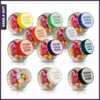 Mini glazen snoeppotje van 50 ml met gekleurd deksel en eigen logo