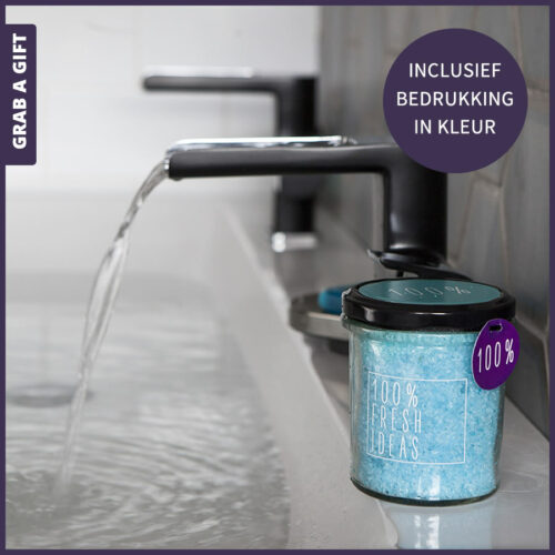 Glazen pot met badzout met jouw logo en reclame op de labels