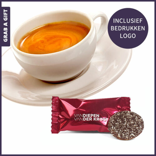 Coco en Choco koffiekoekje verpakt in folie met logo opdruk