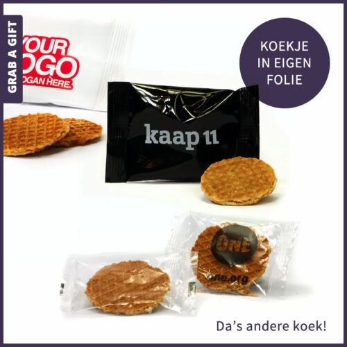 Mini stroopwafel verpakt in folie met logo opdruk