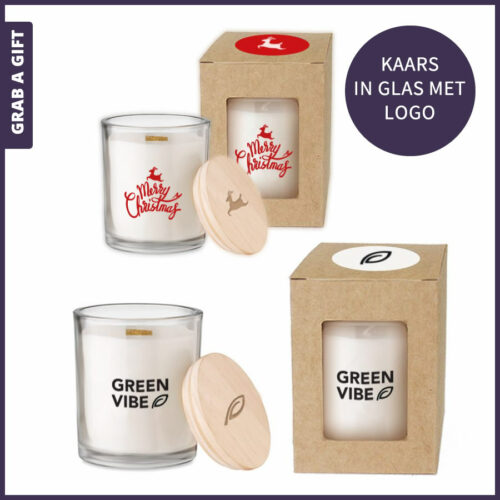 Plantaardige kaars met logo in een glas met houten deksel