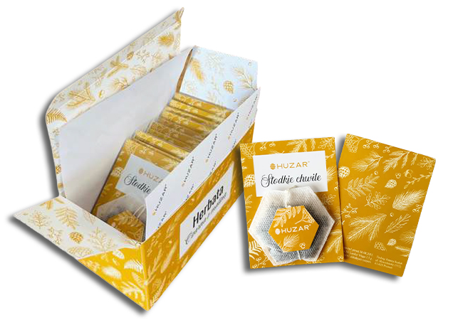 10 theezakjes in eigen vorm in dubbelzijdig bedrukt doosje