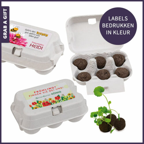 Sixpack eierdoosje inclusief Full Colour etiketten en 6 zaadballetjes