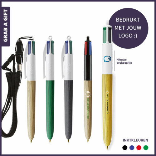 BIC® 4-kleuren balpen Wood Stylet1061-1064 met logo bedrukken