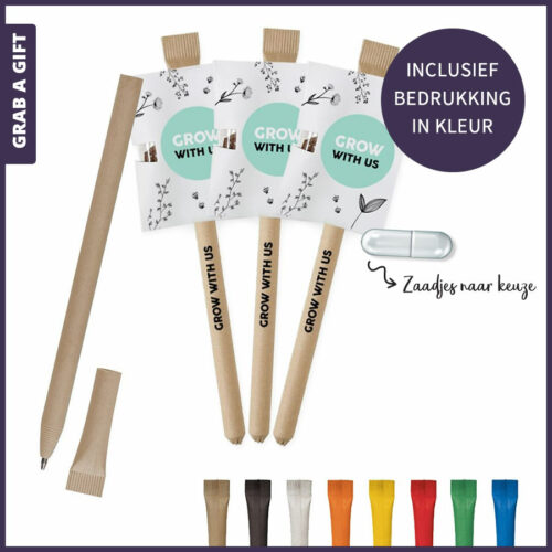 Pen van papier met zaadcapsule en logo opdruk