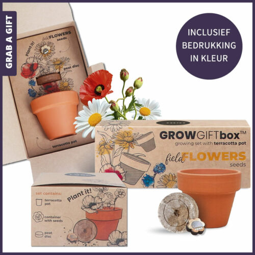 Groei-set met bloemen in een volledig naar wens bedrukt doosje