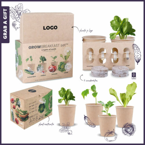 Kweekset 'grow breakfast-set' met logo opdruk op het doosje