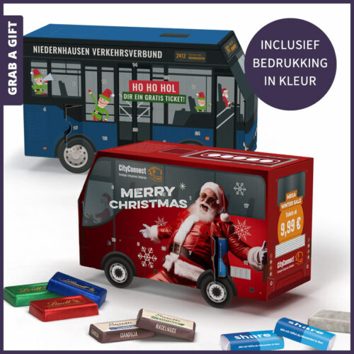 Adventskalender bus met logo opdruk of volledige bedrukking in kleur