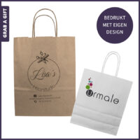 Bruine of witte kraftpapieren tassen bedrukt met een logo in het zwart of in kleur