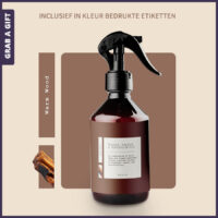 Relatiegeschenken - Roomspray Warm Wood met in kleur bedrukte etiketten